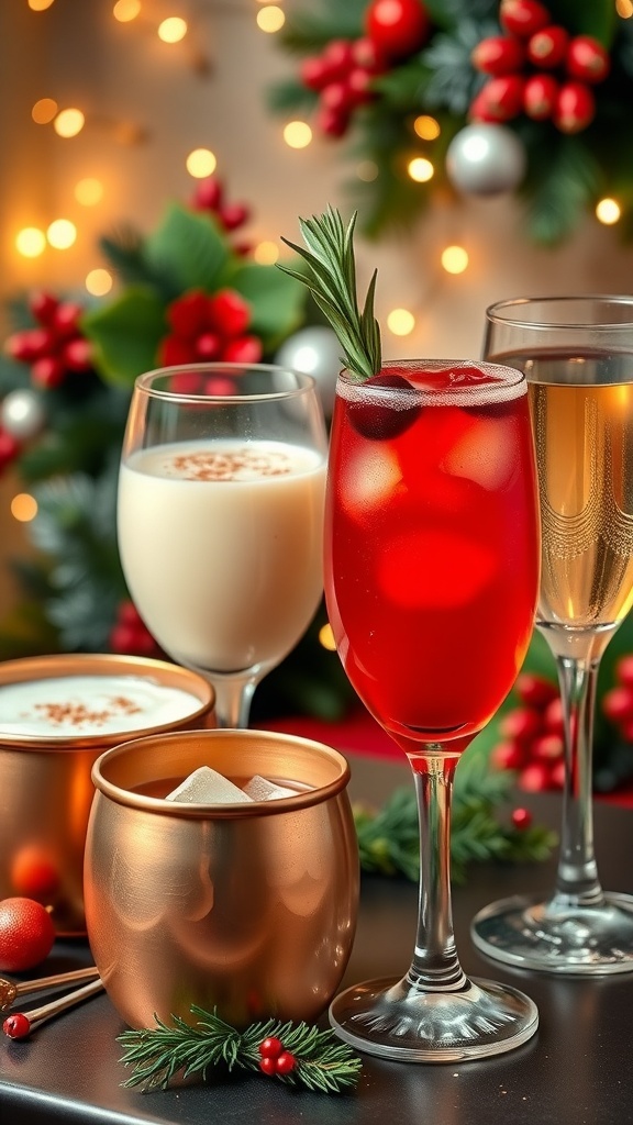 A collection of Christmas cocktails including eggnog, cranberry spritzer, Moscow mule, and mimosas, set against a festive backdrop.